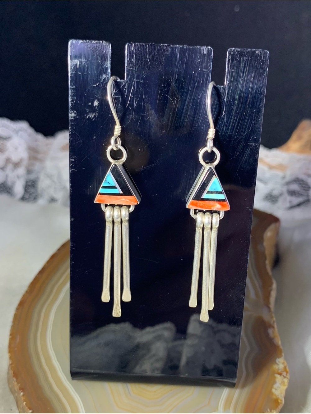 SterlingTurquoise Spiny  Oyster Black Onyx  Dangle Native Style Tassel Earrings